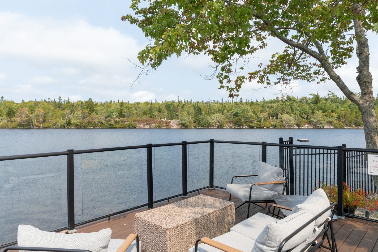Lakeside deck seating overlooking Governor Lake